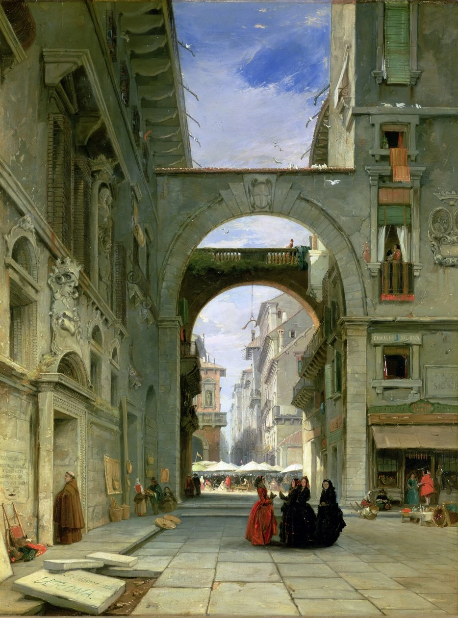 Piazza dei Signori a Verona con il Mercato, 1844
